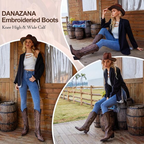 ⚡Women's Dark Brown Wide Calf Cowgirl Boots Embroidered Pointed Toe Half Zip - Picture 5 of 8